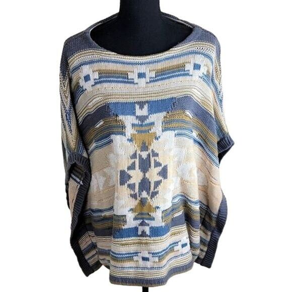 Orvis Sweaters - Orvis Womens Southwestern Aztec Shrug Poncho Sweater Beige Blue OS Cotton